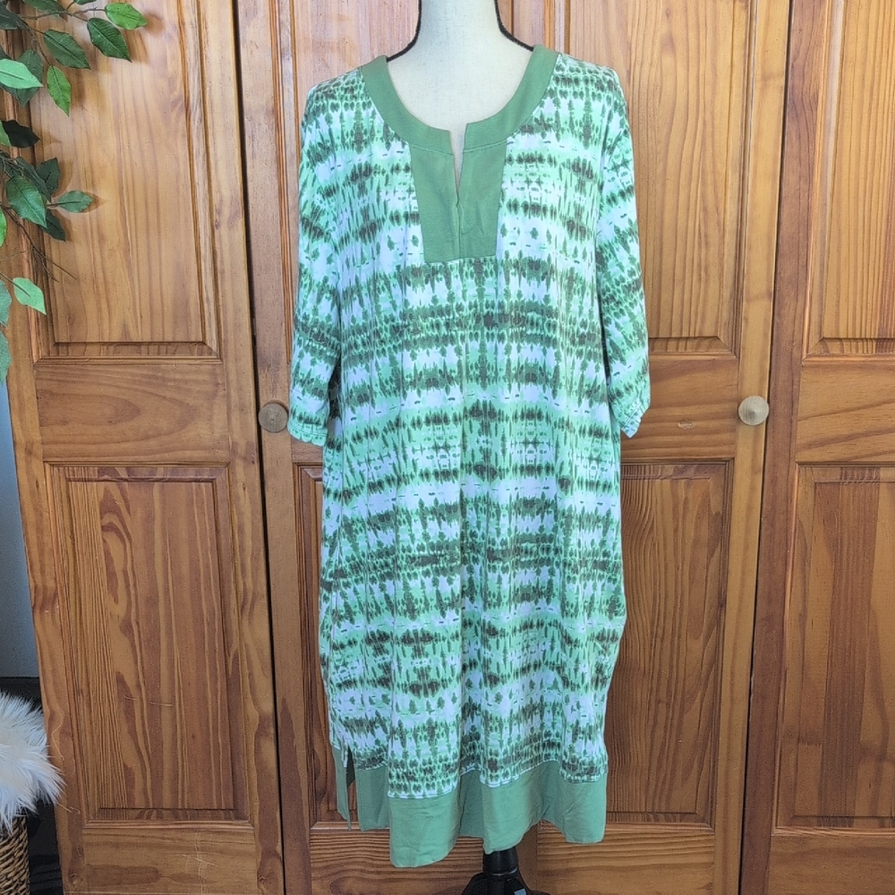 Cuddl Duds Green Patterned Midi Dress 3X               C484